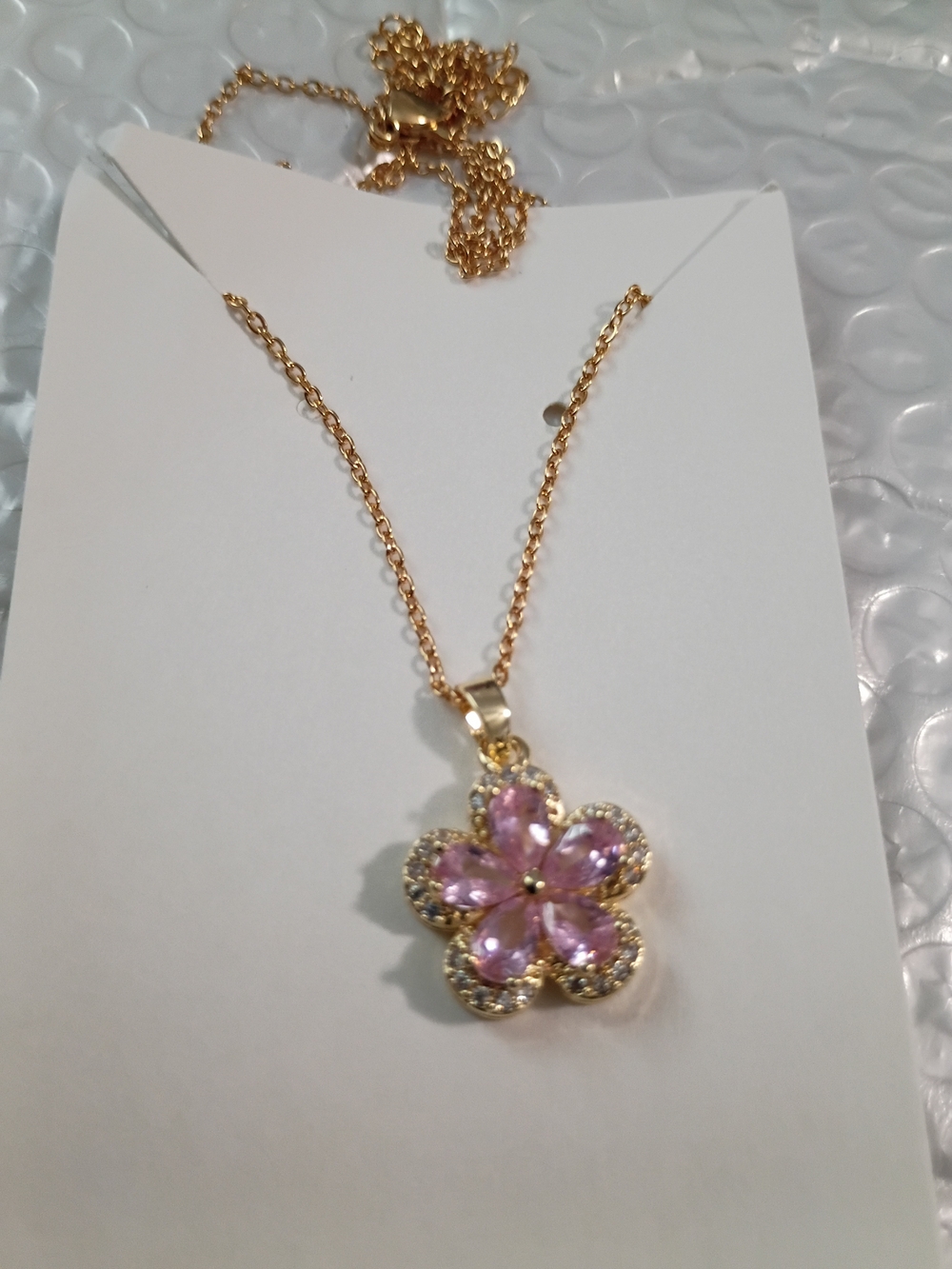 Gold-Tone Pink Flower Pendant Necklace with Crystal Accents